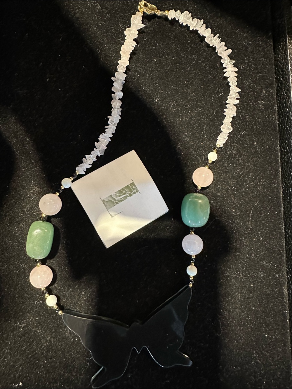 Handcrafted Butterfly Pendant Necklace Jade Rose Quartz by Lee Sands Abalone - Picture 5 of 6